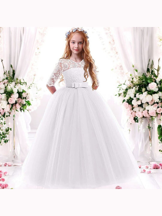 Rochie Fete Mânecă Lungă Din Tulle Pentru Domnișoarele De Onoare Florale Set Cu Accesorii Alb