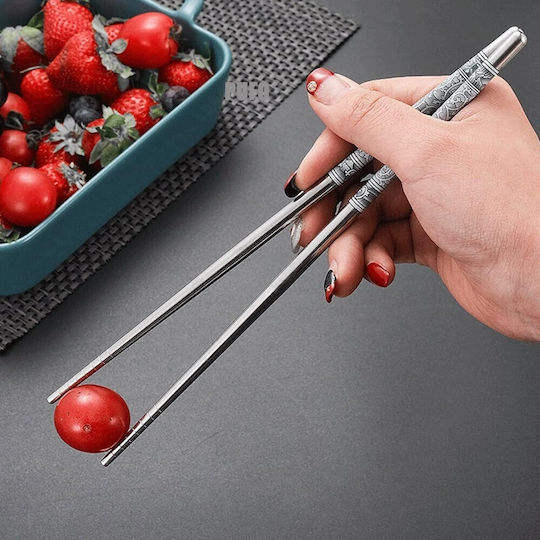 Set 5 Pairs Premium Puff Metal Bețișoare Din Oțel Sushi 22 Cm Argintiu