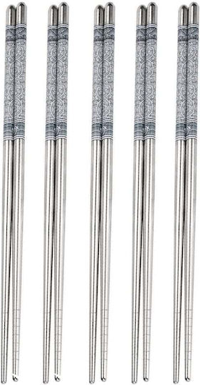 Set 5 Pairs Premium Puff Metal Bețișoare Din Oțel Sushi 22 Cm Argintiu