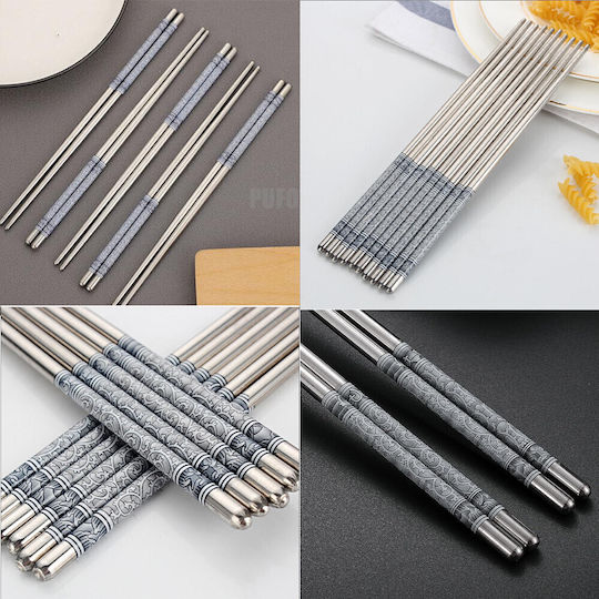 Set 5 Pairs Premium Puff Metal Bețișoare Din Oțel Sushi 22 Cm Argintiu