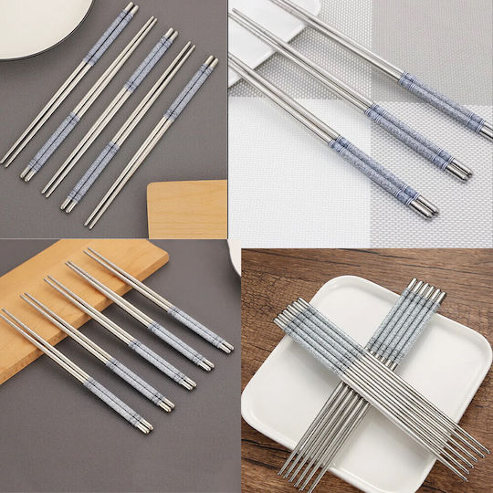 Set 5 Pairs Premium Puff Metal Bețișoare Din Oțel Sushi 22 Cm Argintiu