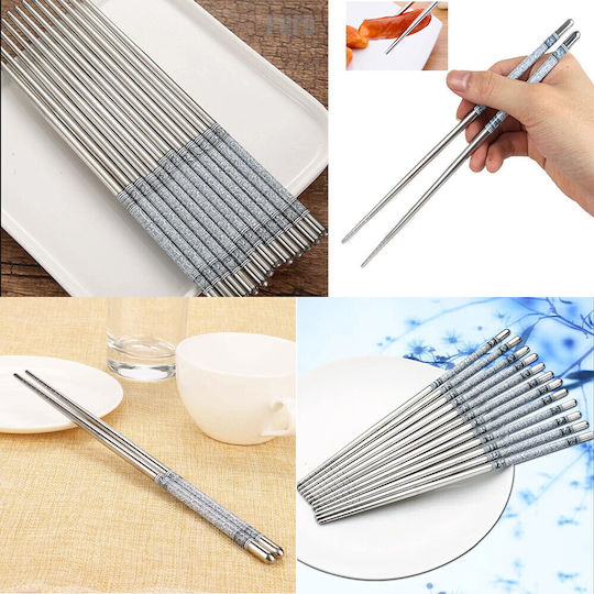 Set 5 Pairs Premium Puff Metal Bețișoare Din Oțel Sushi 22 Cm Argintiu