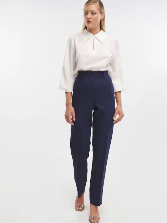 Damen Hoch tailliert Stoff Hose mit Gummizug in Geradem Schnitt Blue