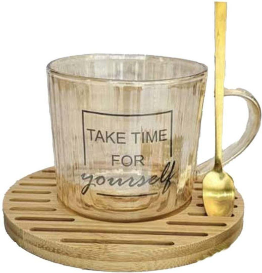 Glas Tasse Bambusholz Halter Pufo Take Time Löffel Kaffee Tee 200 Ml