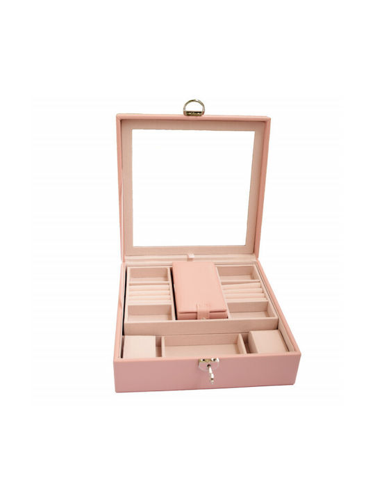 Pink Travel Jewellery Box with Mirror 25x25cm