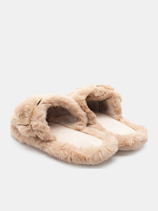Winter Women's Slippers with Fur Beige