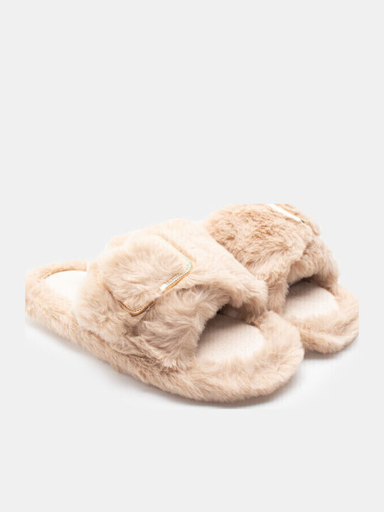 Winter Women's Slippers with Fur Beige
