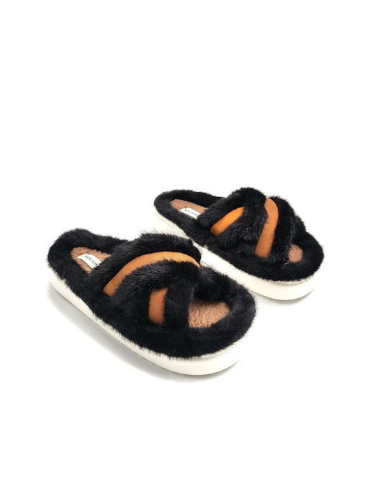 Jomix Winter Women's Slippers with fur in Black color