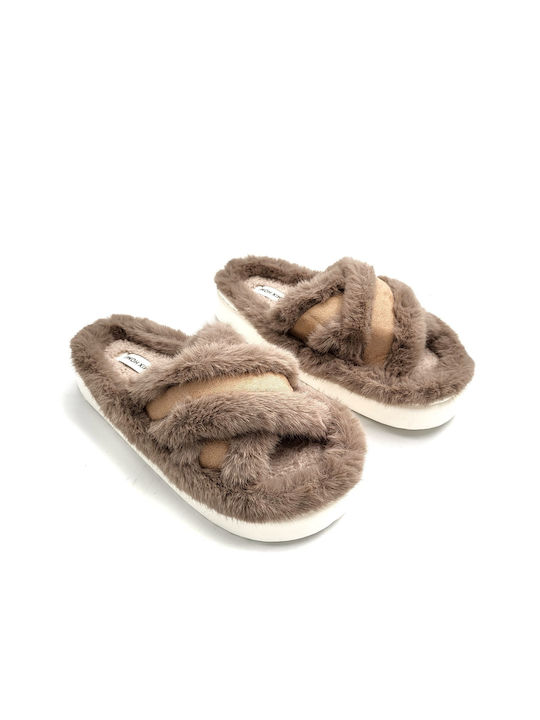 Jomix Winter Women's Slippers with fur in Beige color