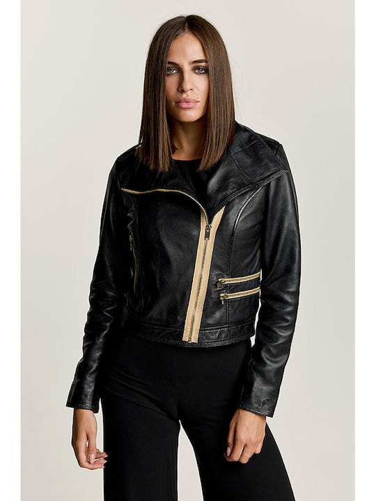 Women's Short Lifestyle Leather Jacket for Winter Black