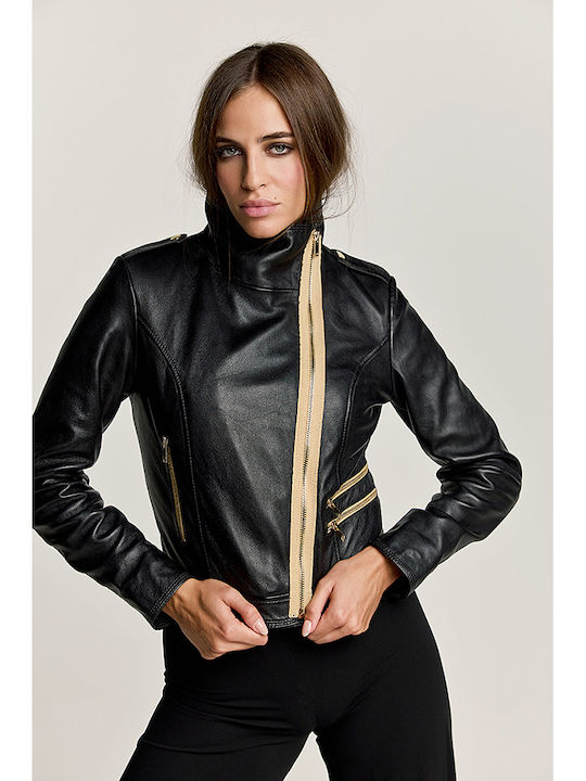 Women's Short Lifestyle Leather Jacket for Winter Black