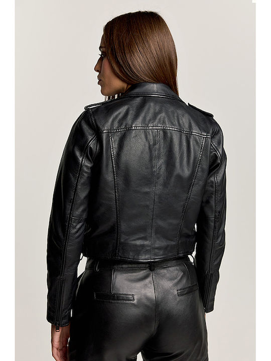 Women's Short Lifestyle Leather Jacket for Winter Black