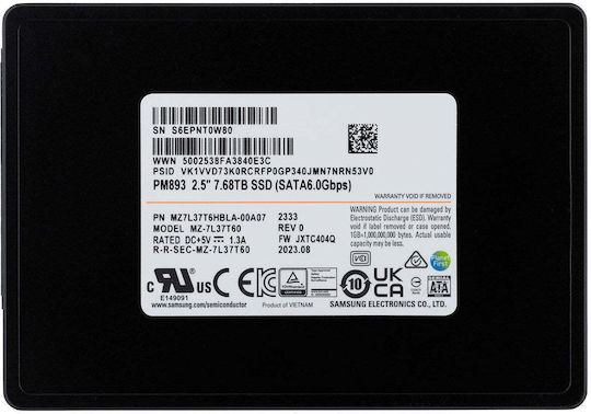 Samsung PM893 SSD 7.7TB τύπου 2.5'' με σύνδεση SATA III MZ7L37T6HBLA-00A07 Bulk