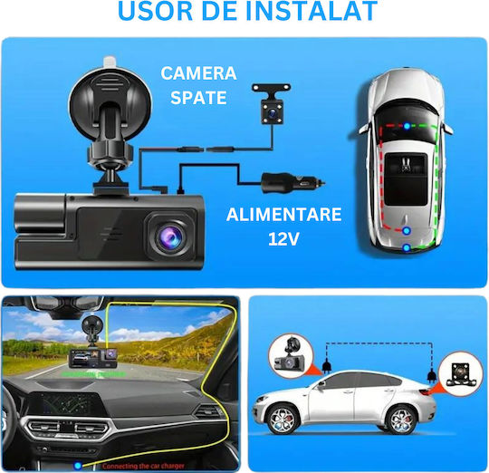 Full Hd 1080p Dashboard Triple Camera Visionhub Wifi Adjustable G-sensor Mobile App Night Vision Loop Recording 170° Wide Angle 2.0 Inch Ips Screen Dvr Front Camera
