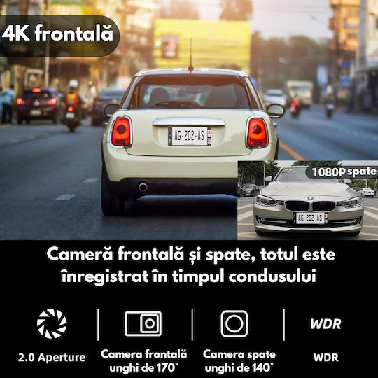 4k Dual Dash Camera Full Hd Visionhub Wifi + Gps Adjustable G-sensor Mobile App Night Vision Loop Recording 170° Wide Angle 3.0 Inch Ips Screen Dvr Camera F