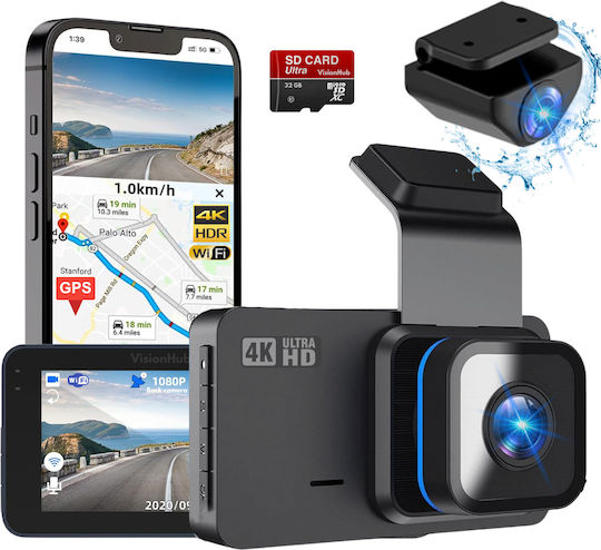 4k Dual Dash Camera Full Hd Visionhub Wifi + Gps Adjustable G-sensor Mobile App Night Vision Loop Recording 170° Wide Angle 3.0 Inch Ips Screen Dvr Camera F