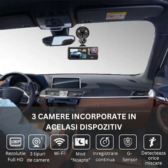 Full Hd 1080p Dashboard Triple Camera Visionhub Wifi Adjustable G-sensor Mobile App Night Vision Loop Recording 170° Wide Angle 2.0 Inch Ips Screen Dvr Front Camera