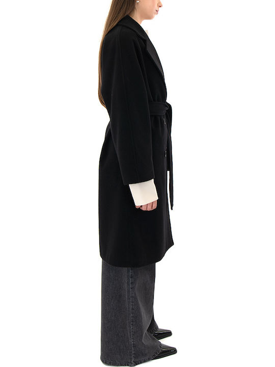 Μάλλινο Γυναικείο Μαύρο (Black) Παλτό Oversized με Κουμπιά
