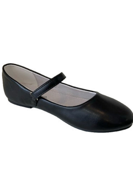 Kids Leather Ballerinas with Hoop & Loop Closure Black
