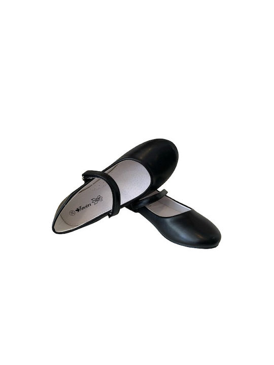 Kids Leather Ballerinas with Hoop & Loop Closure Black
