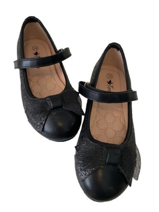 Kids Leather Ballerinas with Hoop & Loop Closure Black