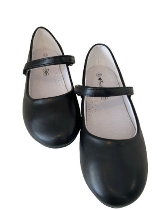 Kids Leather Ballerinas with Hoop & Loop Closure Black