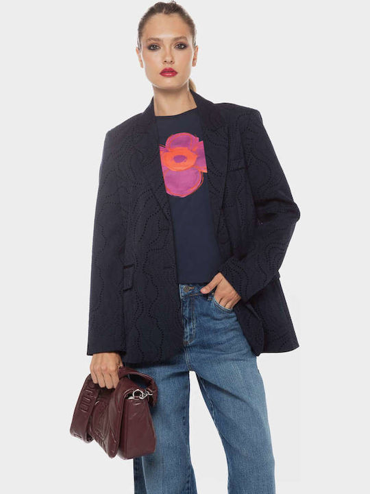 Desigual Hamburgo Μακρύ Γυναικείο Σταυρωτό Σακάκι Μπλε