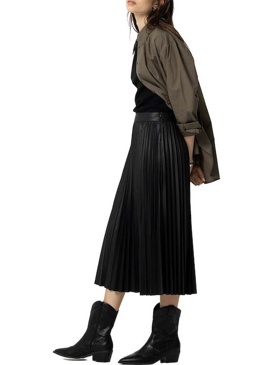 Tiffosi Leather Pleated High-waisted Midi Skirt Black