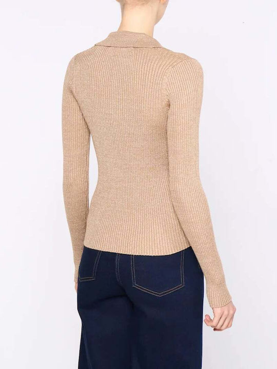 Women's Polo Blouse Long Sleeve Beige