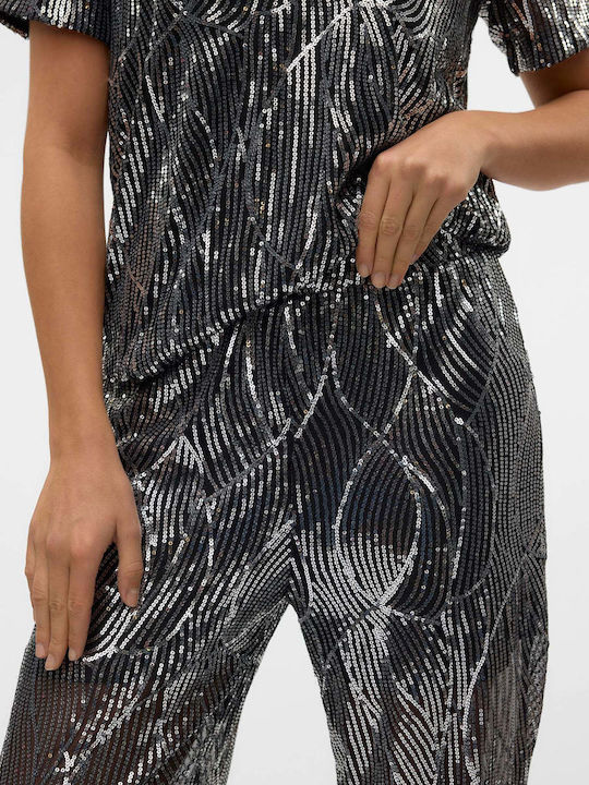 Women's Fabric Trousers Wide Line Black with Sequins