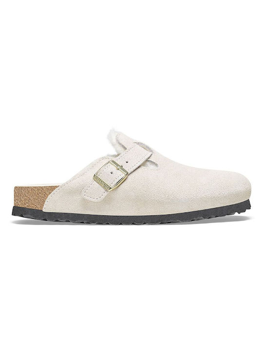 Birkenstock Suede Leather Winter Women's Slippers in White color