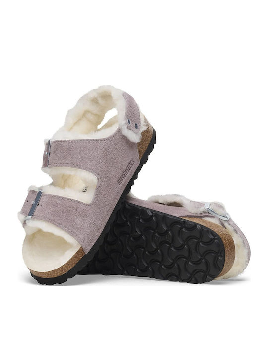 Suede Shearling Χειμερινές Γυναικείες Παντόφλες Μωβ