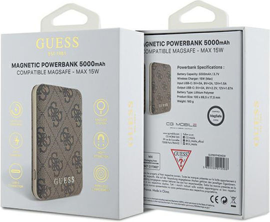 Guess Metal Logo MagSafe Power Bank 5000mAh 15W με Θύρα USB-A και Θύρα USB-C Καφέ