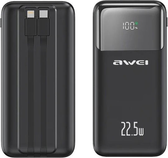 Awei P106K Power Bank 10000mAh 22.5W with 2 USB-A Ports and USB-C Port Black