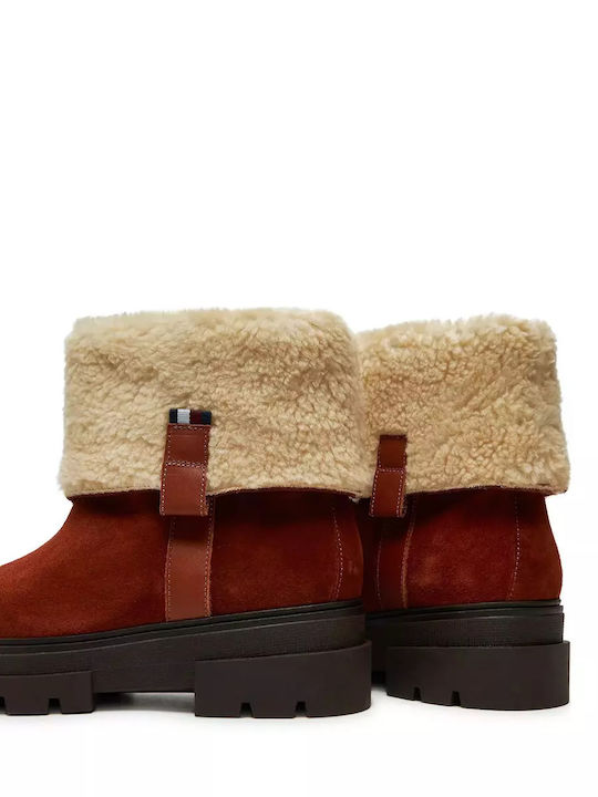 Suede Women's Ankle Boots with Fur Tabac Brown