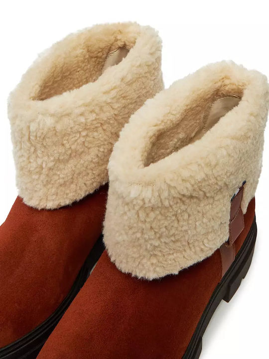 Suede Women's Ankle Boots with Fur Tabac Brown
