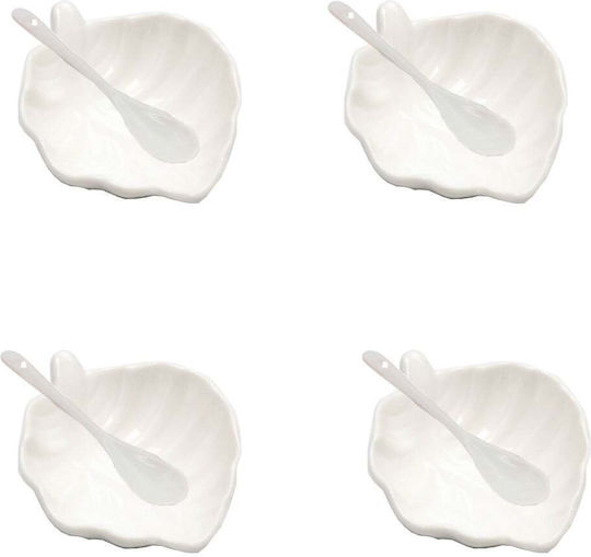 Set 4 Porcelain Pufo Leaf Bowls Appetizers Desserts Sauce Spoons White