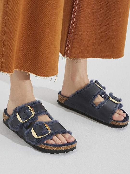 Birkenstock Arizona Big Buckle Shearling Women's Flat Sandals in Blue Color Narrow Fit