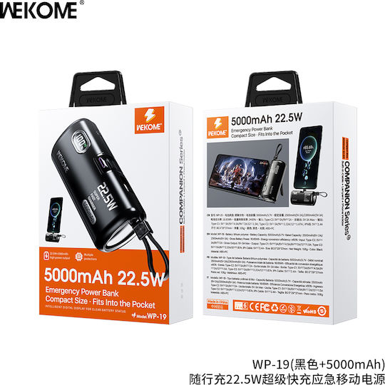 WK WP-19 Power Bank 5000mAh 22.5W με 2 Θύρες USB-C Μαύρο