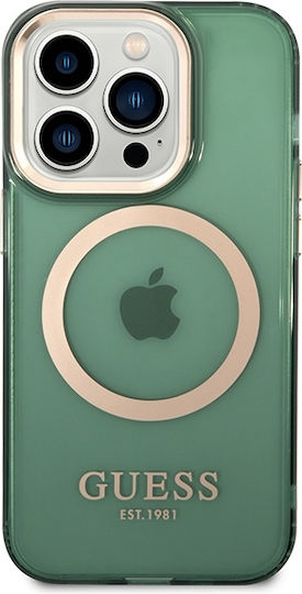 Guess Gold Outline Translucent MagSafe Umschlag Rückseite Kunststoff / Silikon Magnetisch Khaki (iPhone 14 Pro Max)