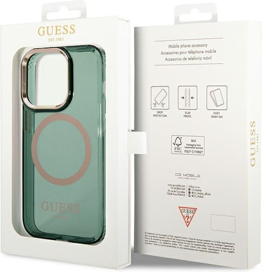 Guess Gold Outline Translucent MagSafe Umschlag Rückseite Kunststoff / Silikon Magnetisch Khaki (iPhone 14 Pro Max)
