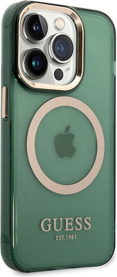 Guess Gold Outline Translucent MagSafe Umschlag Rückseite Kunststoff / Silikon Magnetisch Khaki (iPhone 14 Pro Max)