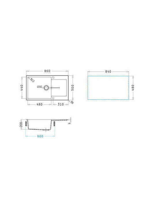 Pyramis 1b 1d Plus Ένθετος Νεροχύτης από Συνθετικό Γρανίτη Μ86xΠ50cm Μπεζ