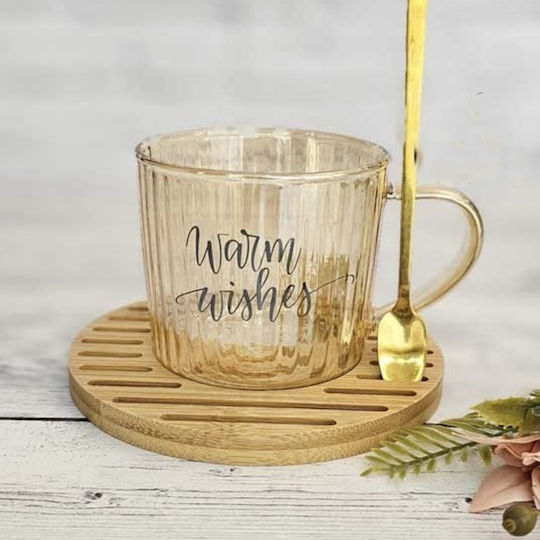 Glass Mug Bamboo Wood Holder Pufo Warm Wishes Spoon Coffee Tea 200 Ml