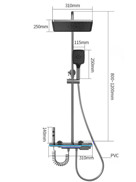 Led Shower Set Digital Temperature Display Visionhub Column Thermostat Integrated Power Generation Turbine Wall-mounted 4 Water Flow Functions Showerhead