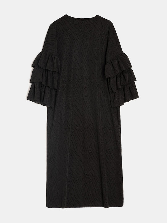 Midi Dress with Ruffle Sleeves Black Black