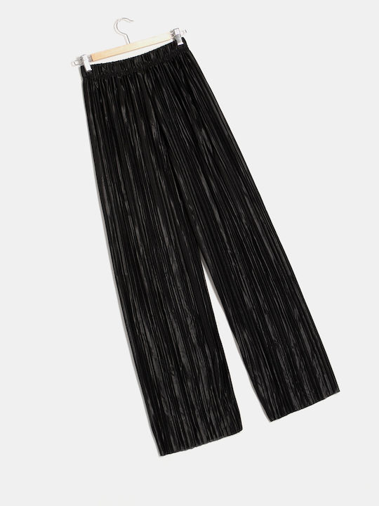 Shiny Wide-Leg Trousers with Elastic Waist Black