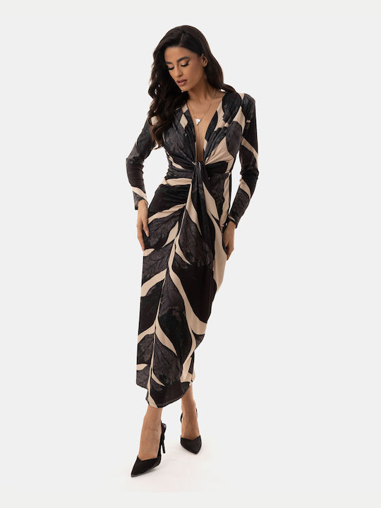 Printed Dress with Deep Neckline in Gray Print