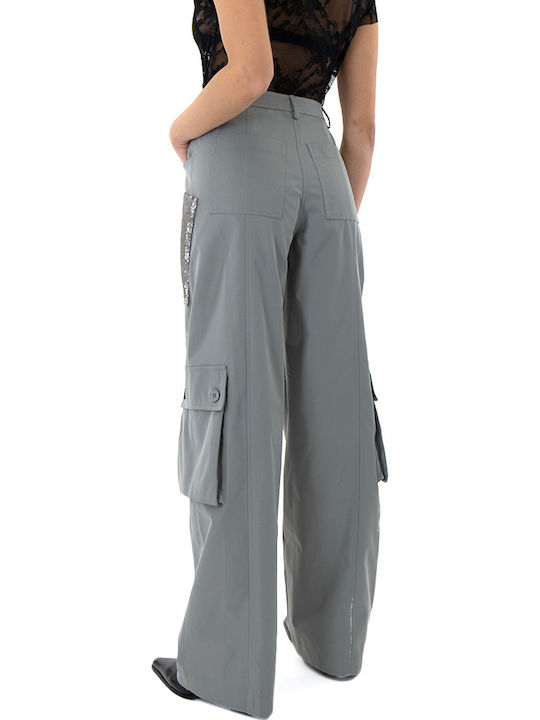 Women's High-waisted Fabric Trousers in Wide Line Gray with Sequins