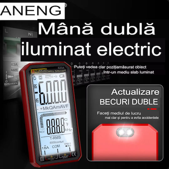 Aneng 620a True Rms Digital Multimeter Display Frequency Test Ncv 4.77 Inch Screen Temperature Sensors Diode Battery Continuity Tester Buzzer Overload Alarm Data Memory R